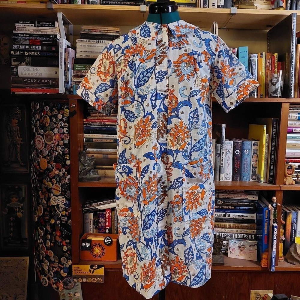Vintage white,‎ orange, and blue Montgomery Ward 1970s housedress.
